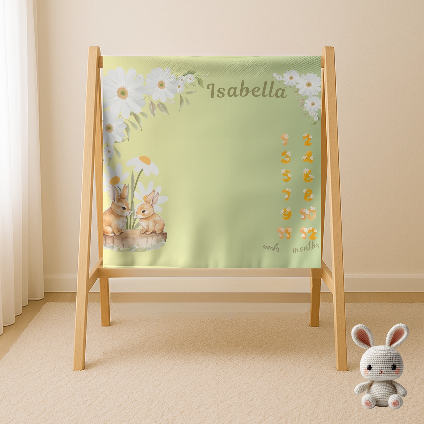Personalized Daisy Bunny Milestone Baby Blanket, Soft Velveteen Plush Fleece