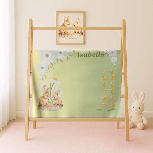 Personalized Daisy Bunny Milestone Baby Blanket, Soft Velveteen Plush Fleece