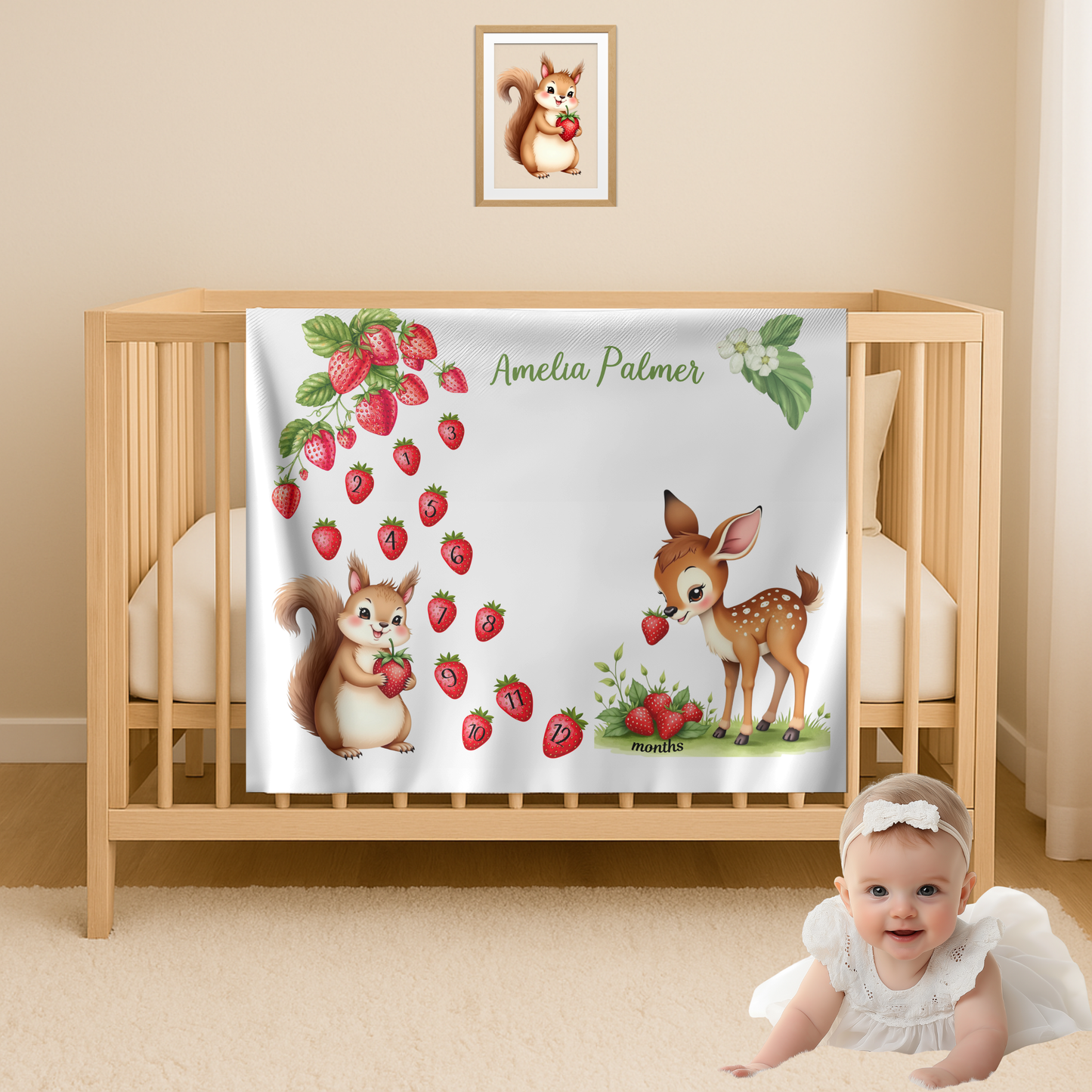 Strawberry and Woodland Animals Monthly Milestone Blanket