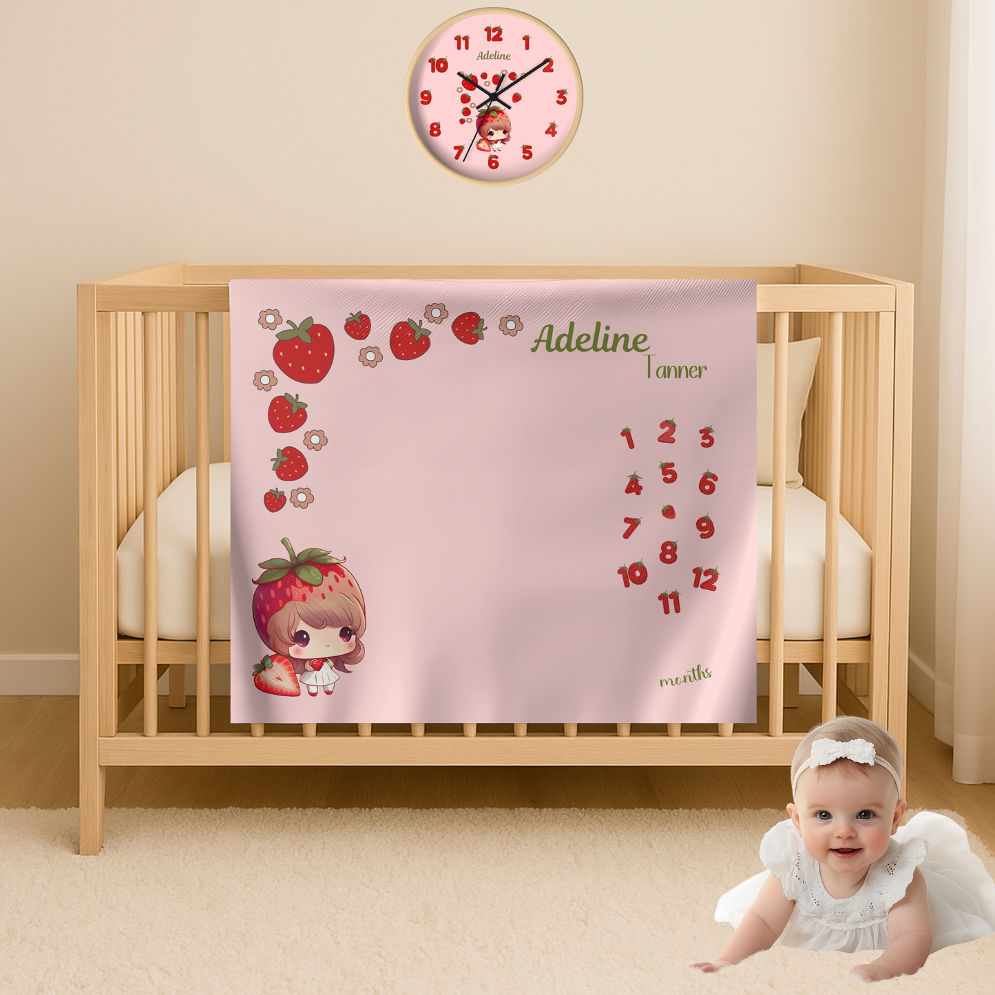 Personalized Strawberry Milestone Baby Girl Blanket