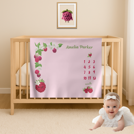 Personalized Raspberry Milestone Baby Blanket, Soft Velveteen Plush Fleece