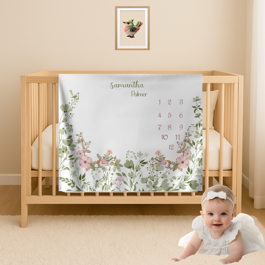 Personalized Baby Girl Milestone Blanket, Floral milestone blanket