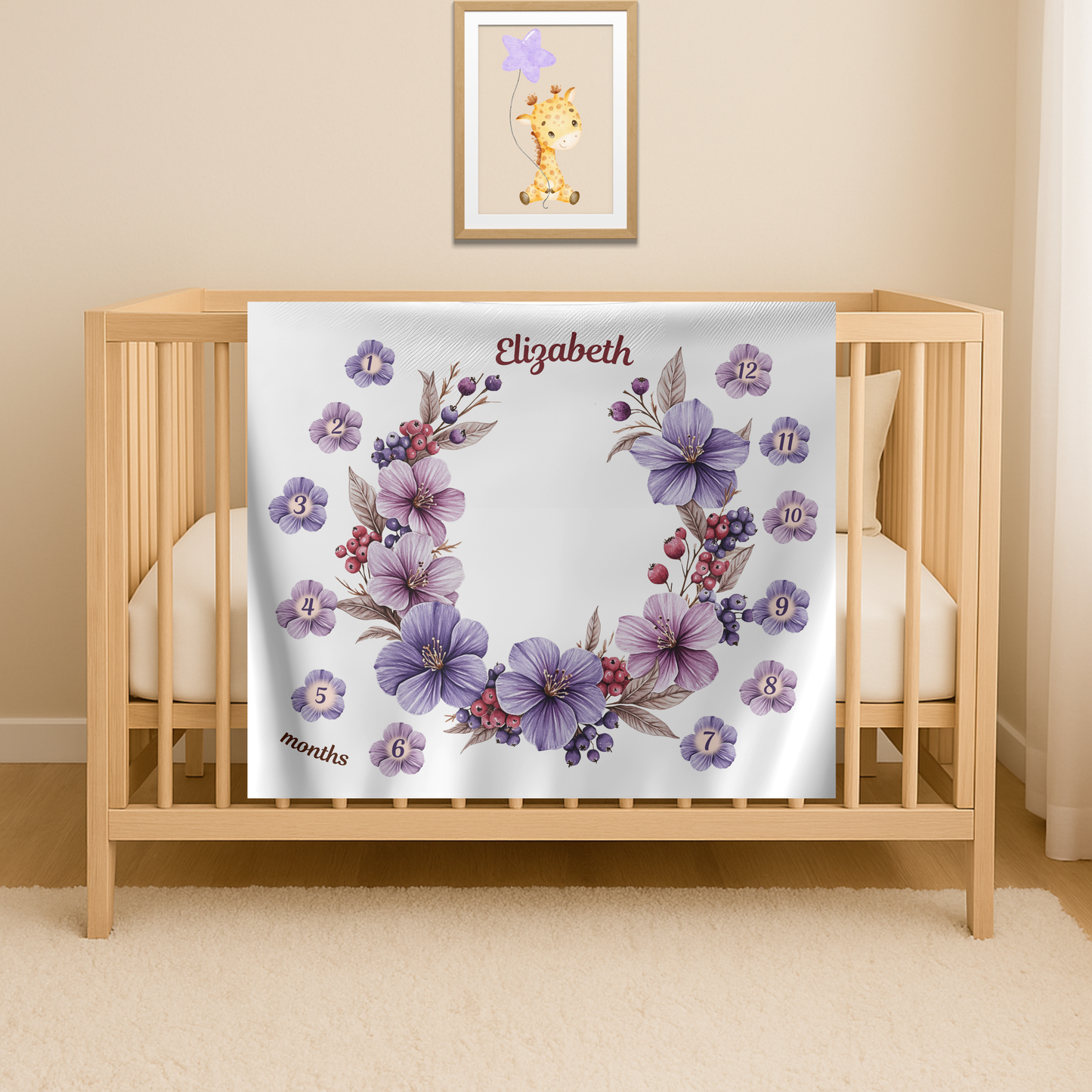 Personalized Floral Baby Girl Milestone Blanket, Velveteen Plush Blanket, Newborn Photo Prop
