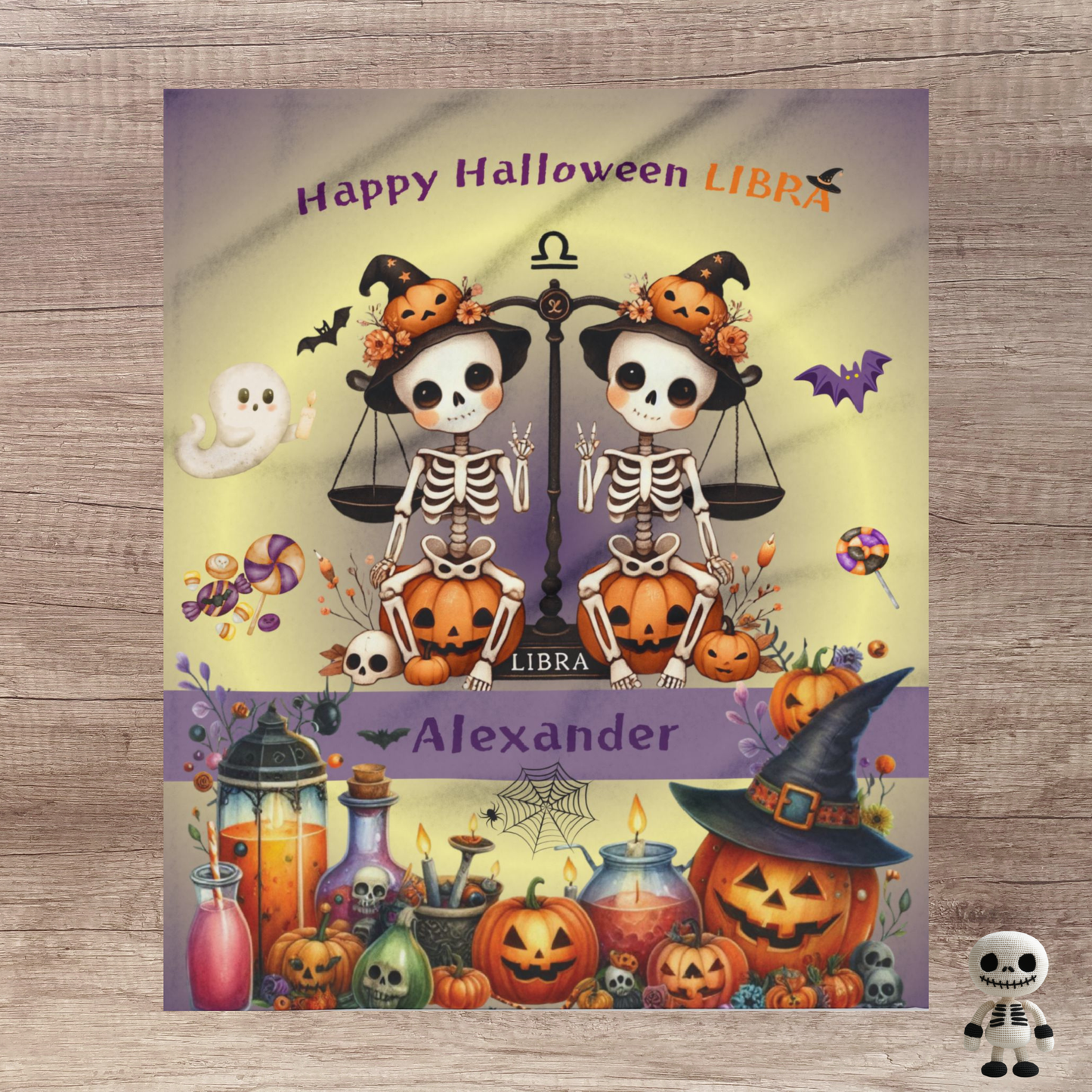 Personalized Libra Halloween Blanket for Boys, Custom Name Zodiac Toddler Halloween Throw