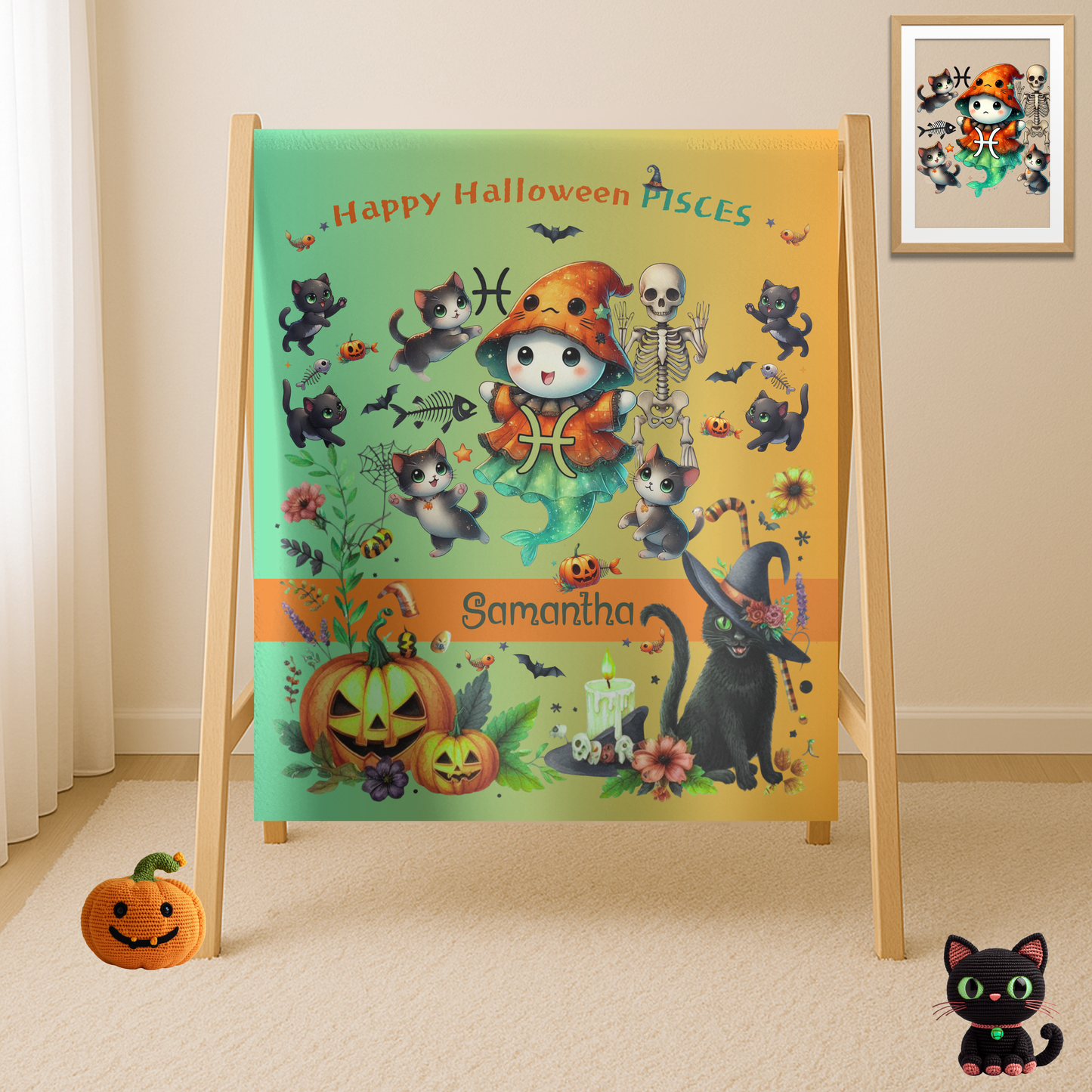 Personalized Pisces Halloween Girl Blanket, Custom Zodiac Blanket, Velveteen Plush Throw