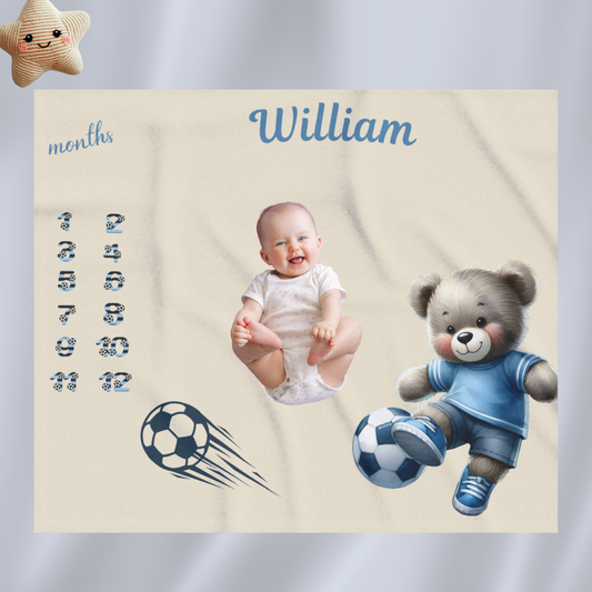 Personalized Soccer Milestone Baby Boy Blanket , Velveteen Plush Blanket