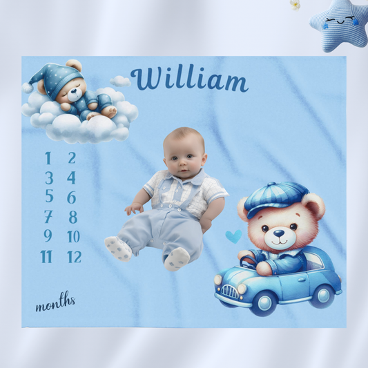 Personalized Teddy Bear Baby boy Milestone Blanket, Velveteen Plush Blanket
