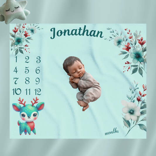 Personalized Deer Milestone Baby Boy Blanket, Velveteen Plush Blanket