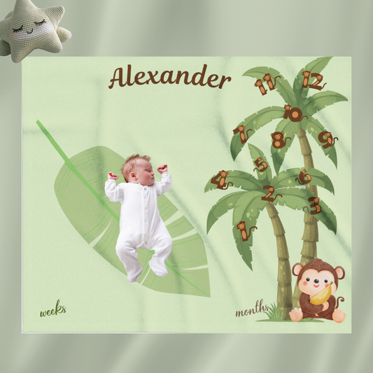 Personalized Jungle Monkey Milestone Baby Boy Blanket, Soft Velveteen Plush Blanket