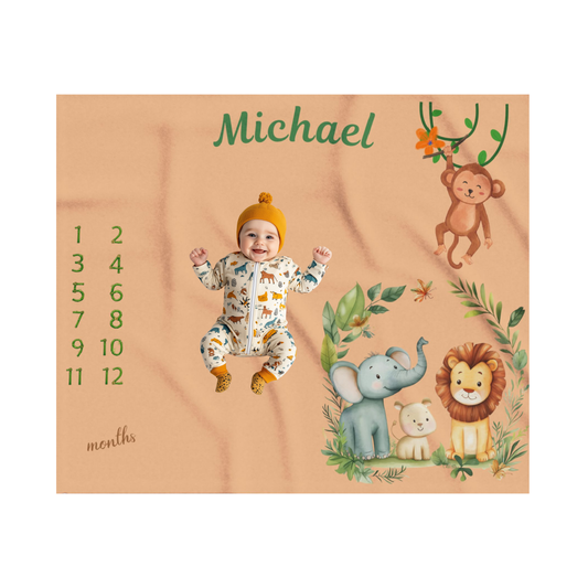 Personalized Jungle Safari Milestone Baby Boy Blanket – Velveteen Plush