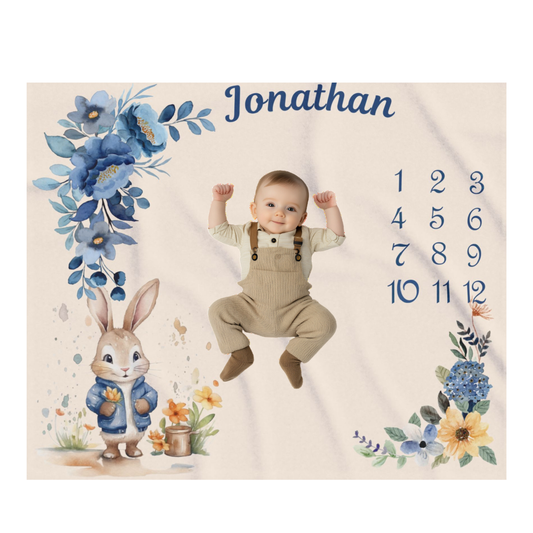 Personalized Bunny Milestone Baby Boy Blanket,  Velveteen Plush