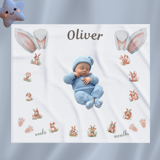 Personalized Bunny Ear Milestone Baby Boy Blanket,  Soft Velveteen Plush Blanket