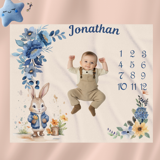 Personalized Bunny Milestone Baby Boy Blanket,  Velveteen Plush