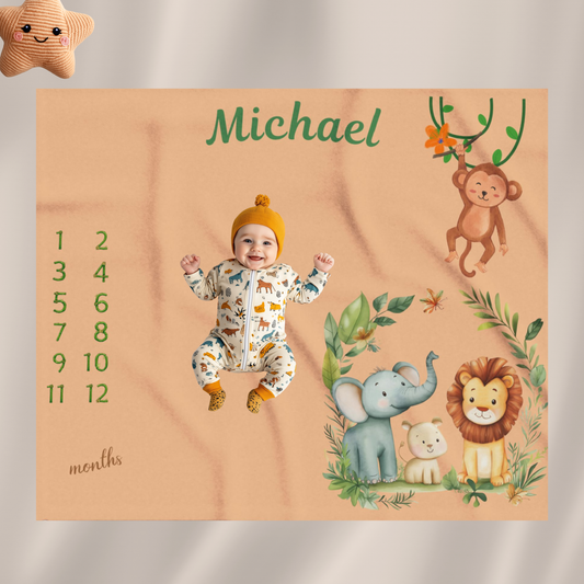 Personalized Jungle Safari Milestone Baby Boy Blanket, Velveteen Plush Blanket