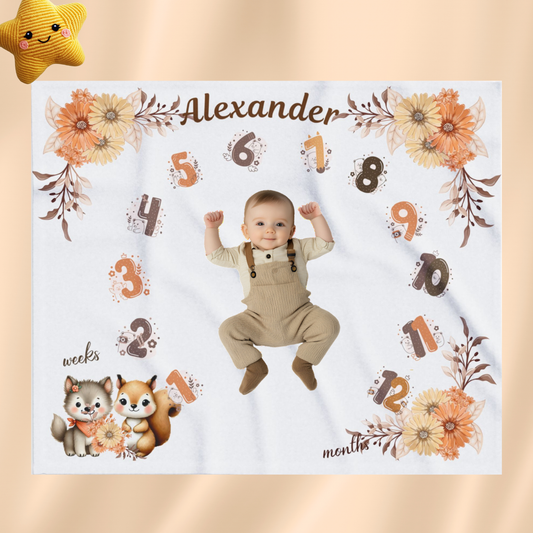 Personalized Woodland Animal Milestone Baby Boy Blanket, Soft Velveteen Plush Blanket