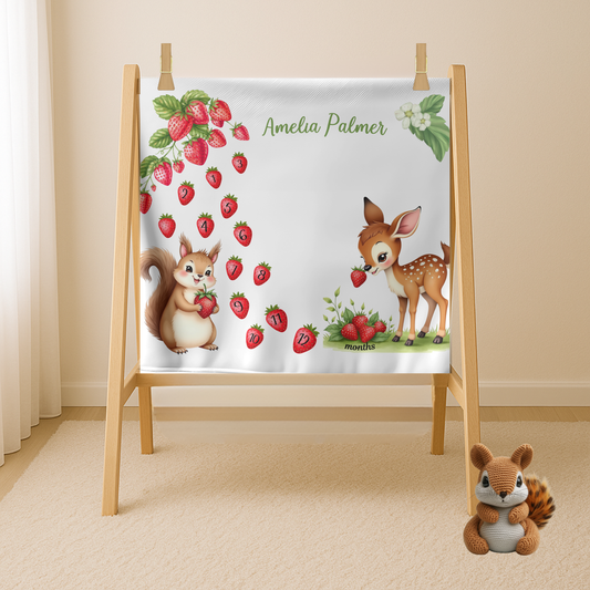 Strawberry and Woodland Animals Monthly Milestone Blanket