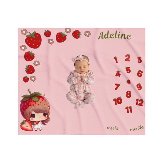 Personalized Strawberry Milestone Baby Blanket – Soft Velveteen Plush Fleece for Newborn Girls