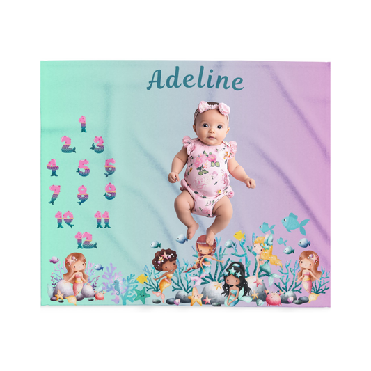 Personalized Mermaid Baby Milestone Blanket – Monthly Photo Prop with Name