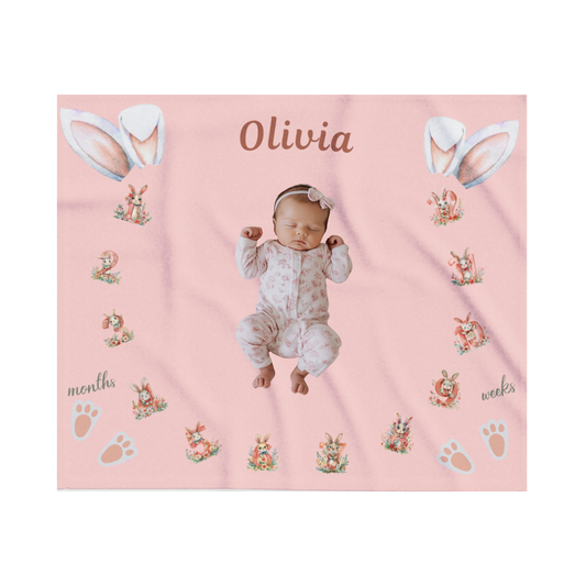 Personalized Bunny Milestone Baby Girl Blanket – Soft Velveteen Plush Fleece