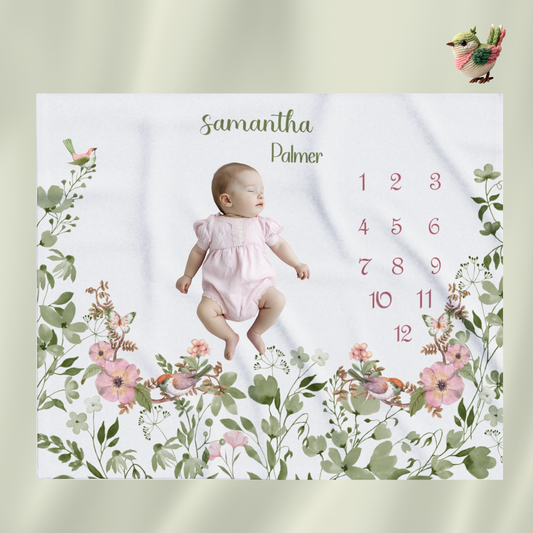 Personalized Baby Girl Milestone Blanket, Floral milestone blanket