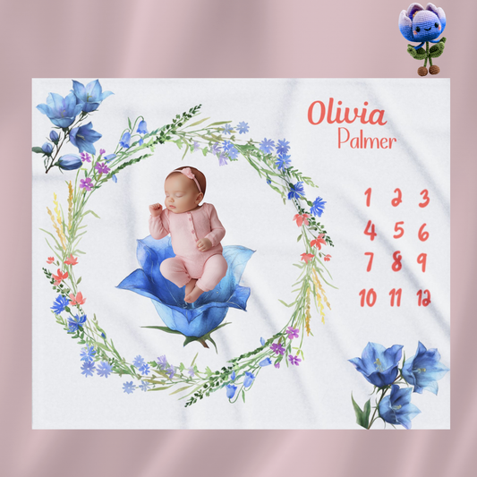 Personalized Floral Milestone Blanket Girl, Blue Flower Baby Monthly Blanket,