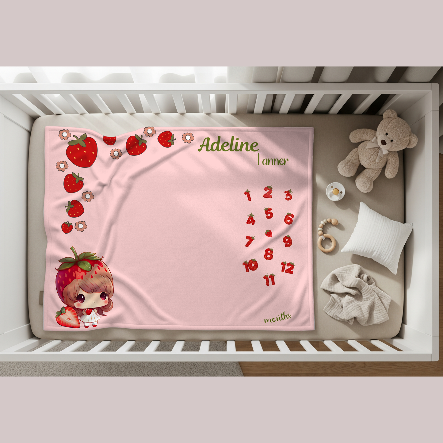 Personalized Strawberry Milestone Baby Girl Blanket