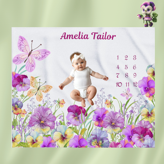 Personalized Baby Girl Milestone Blanket , Floral Butterfly Velveteen Plush Blanket