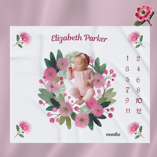 Personalized Baby Girl Milestone Blanket, Velveteen Plush, Floral Baby Blanket,