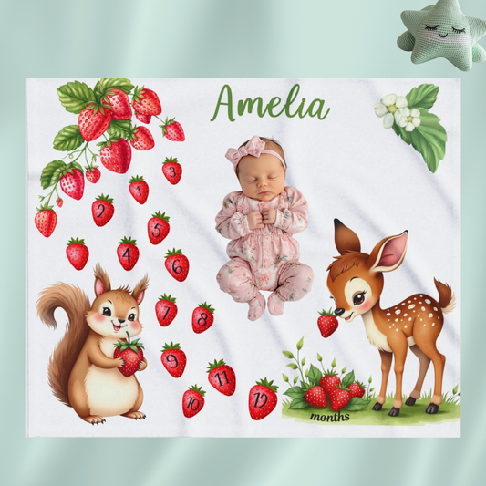 Strawberry and Woodland Animals Monthly Milestone Blanket