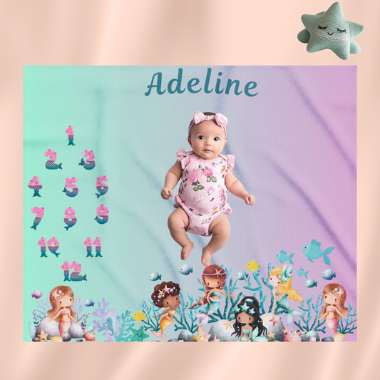 Personalized Mermaid Baby Milestone Blanket, Monthly Photo Prop with Name