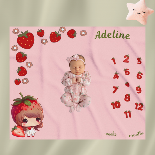 Personalized Strawberry Milestone Baby Girl Blanket