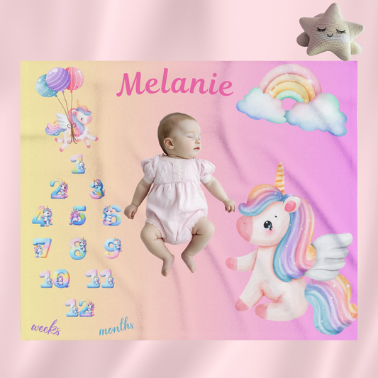 Personalized Unicorn Milestone Baby Girl Blanket, Soft Velveteen Plush Fleece