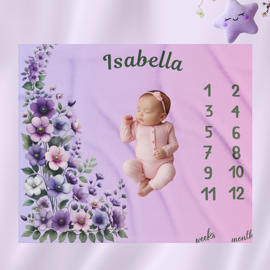 Personalized Floral Milestone Baby Blanket, Soft Velveteen Plush blanket