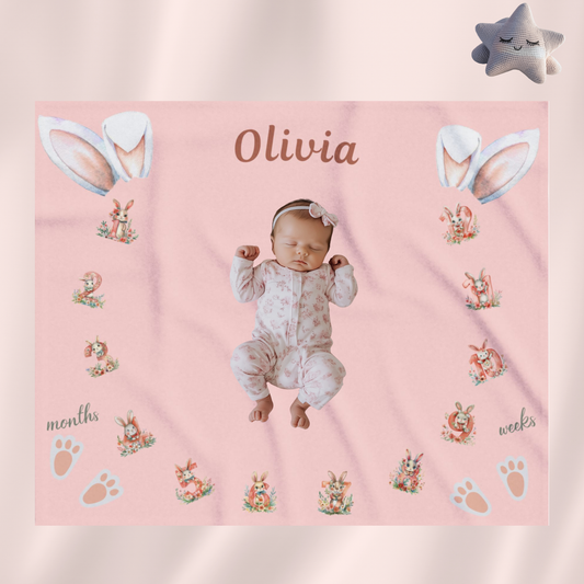 Personalized Bunny Milestone Baby Girl Blanket, Soft Velveteen Plush Fleece