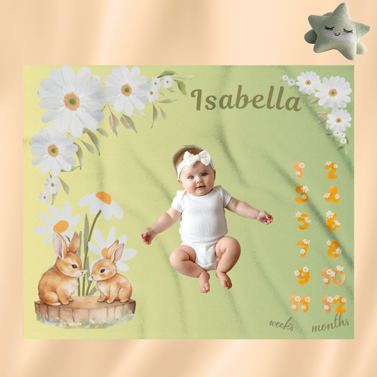 Personalized Daisy Bunny Milestone Baby Blanket, Soft Velveteen Plush Fleece