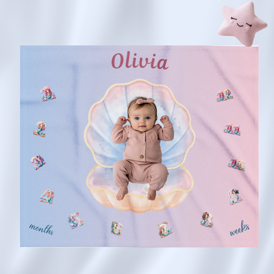 Personalized Seashell Milestone Baby Blanket – Soft Velveteen Plush Fleece