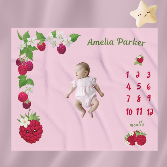 Personalized Raspberry Milestone Baby Girl  Blanket, Soft Velveteen Plush Blanket