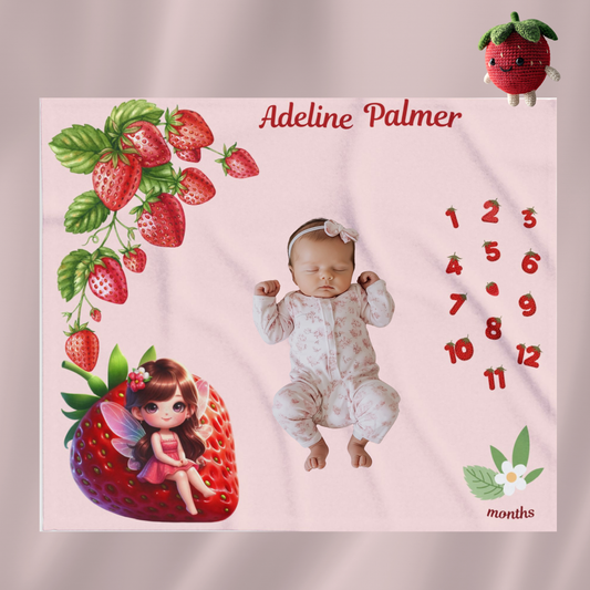 Personalized Strawberry Milestone Baby Girl Blanket, Velveteen plush gift