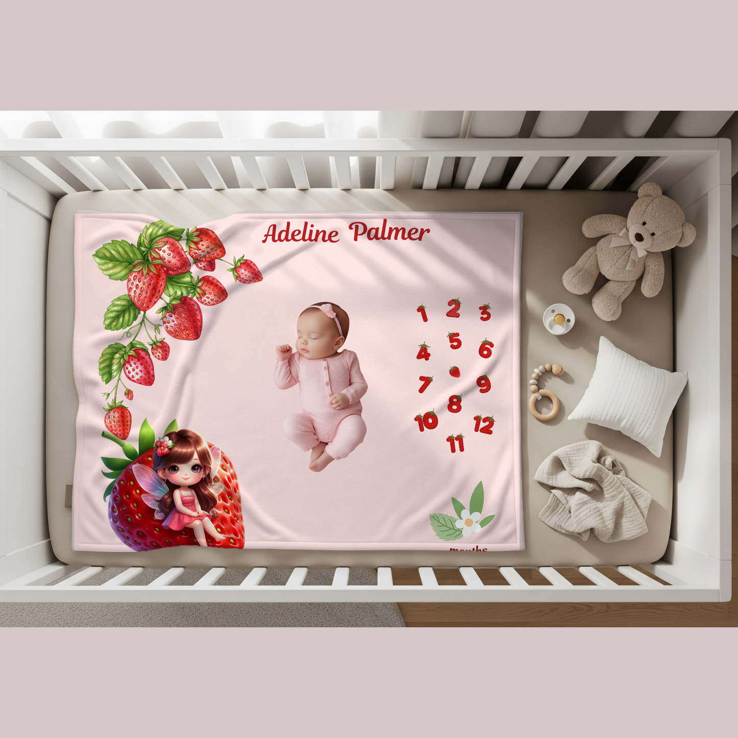 Personalized Strawberry Milestone Baby Blanket, Velveteen plush gift
