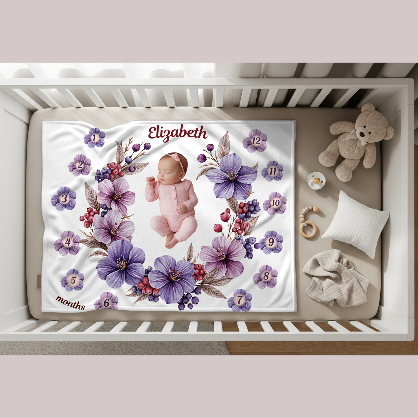 Personalized Floral Baby Girl Milestone Blanket, Velveteen Plush Blanket, Newborn Photo Prop
