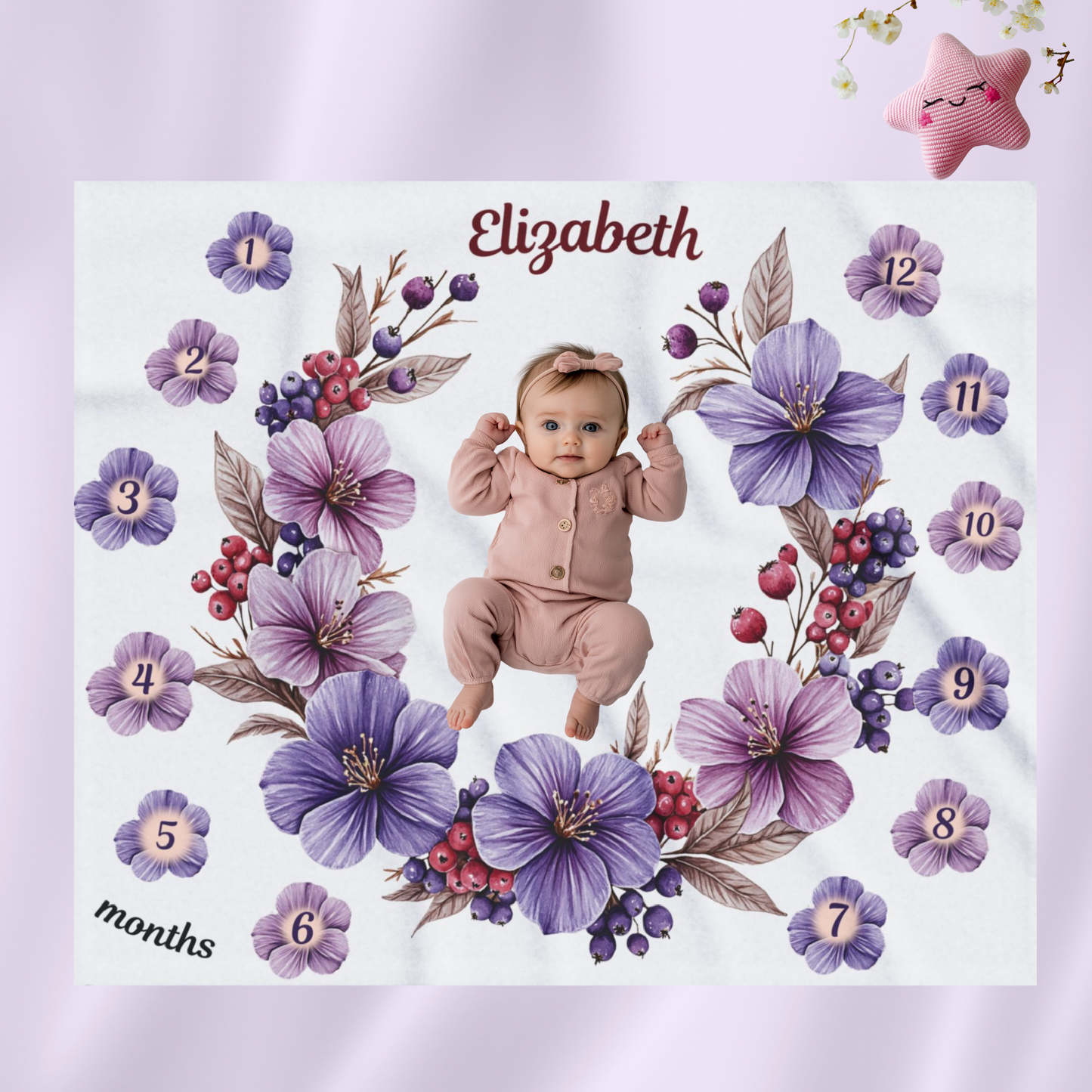 Personalized Floral Baby Girl Milestone Blanket, Velveteen Plush Blanket, Newborn Photo Prop