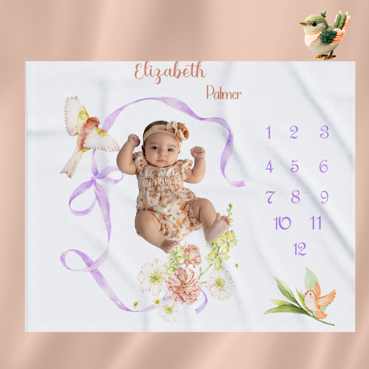 Personalized Floral  Bird Baby Girl Milestone Blanket, Velveteen Plush Blanket