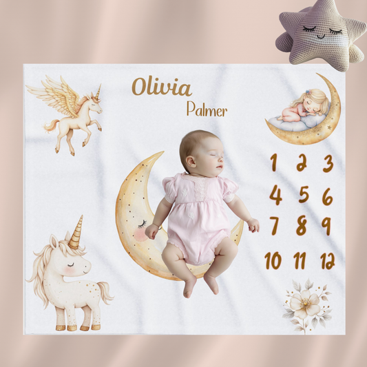 Personalized Unicorn and Moon Baby Girl Milestone Blanket, Velveteen Plush,