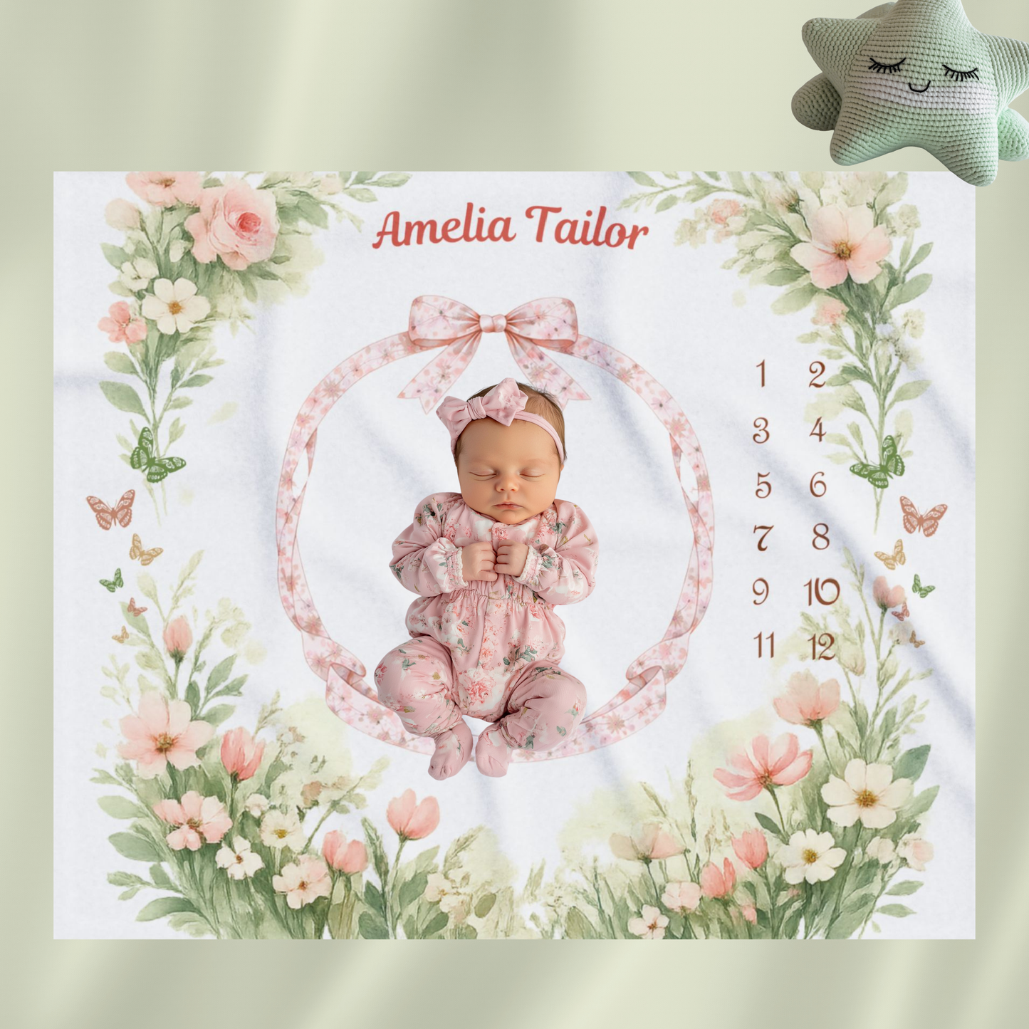 Personalized Baby Girl Milestone Blanket, Velveteen Plush, Floral Baby Blanket, Monthly Milestone Blanket