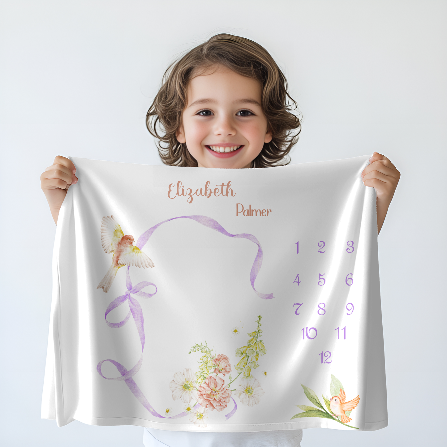 Personalized Floral  Bird Baby Girl Milestone Blanket, Velveteen Plush Blanket