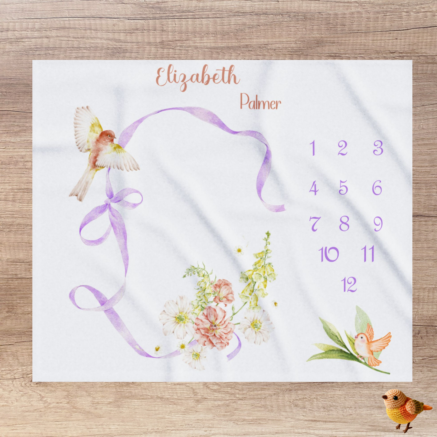 Personalized Floral  Bird Baby Girl Milestone Blanket, Velveteen Plush Blanket