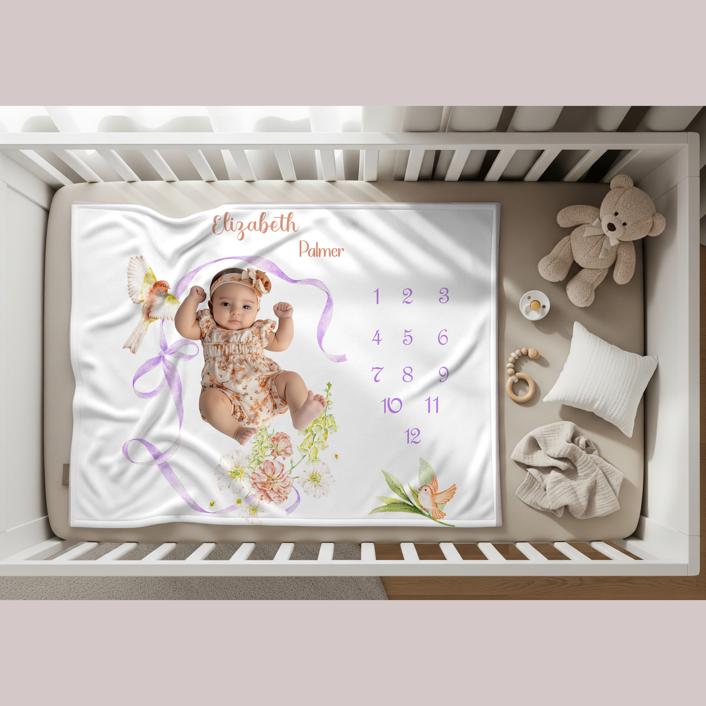 Personalized Floral  Bird Baby Girl Milestone Blanket, Velveteen Plush Blanket