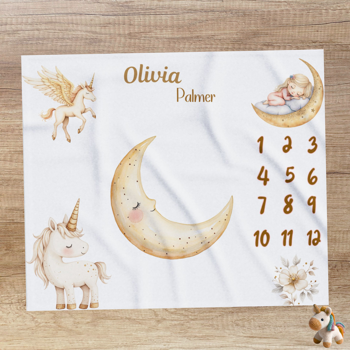 Personalized Unicorn and Moon Baby Girl Milestone Blanket, Velveteen Plush,
