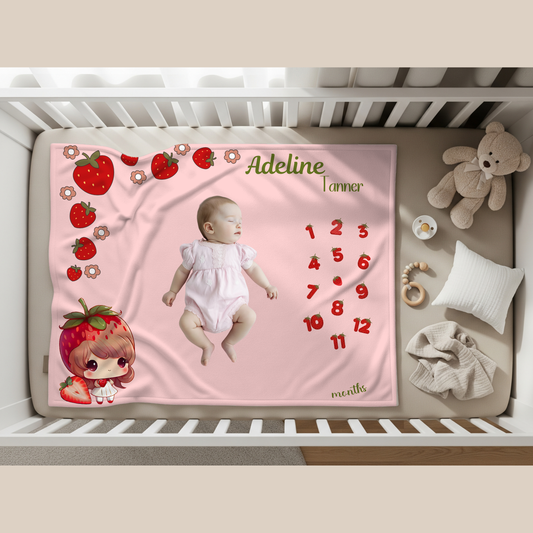 Personalized Strawberry Milestone Baby Girl Blanket
