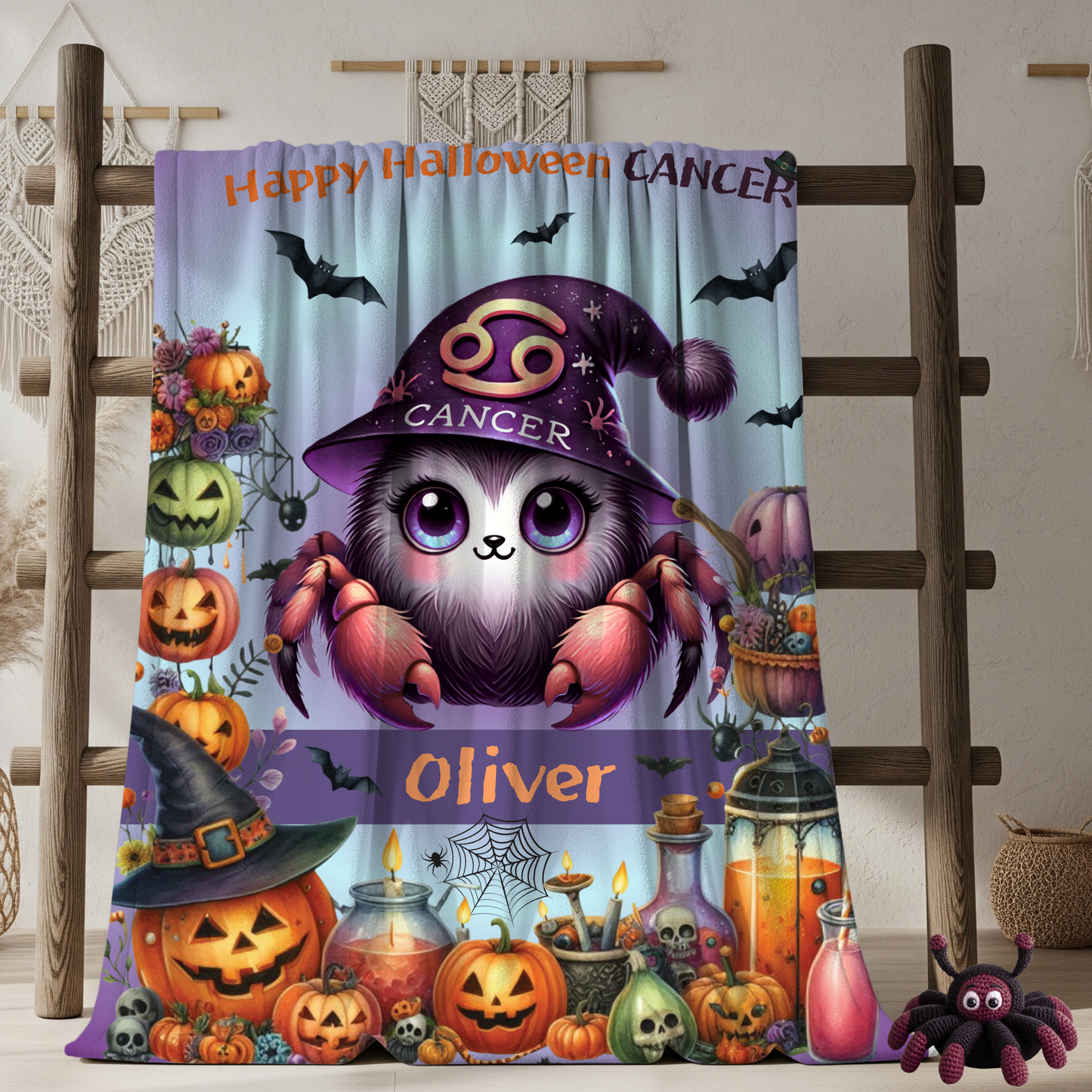 Personalized Cancer Halloween Toddler Boy Blanket. Custom name zodiac Gift.